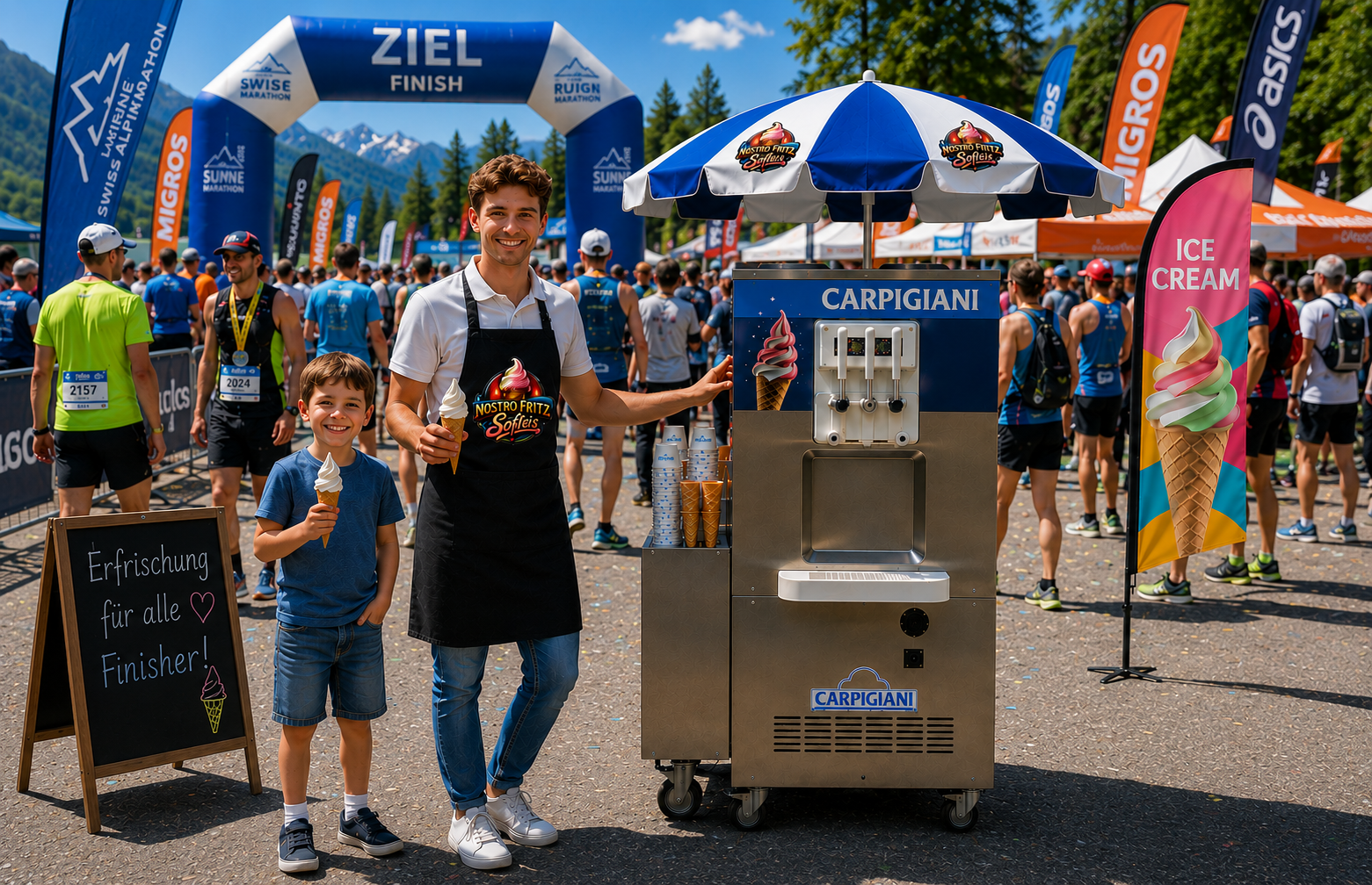 Mann mit Sohn vor Softeismaschine bei Event, Softeis für Events Schweiz