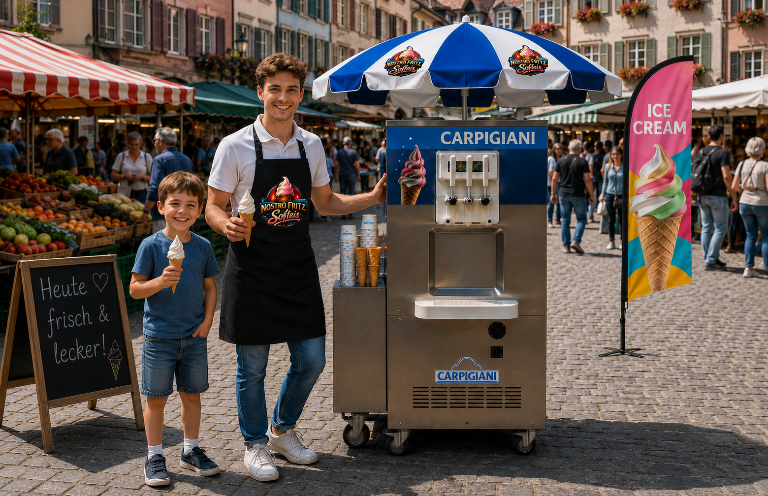 Mann und Junge mit Softeis vor Softeismaschine