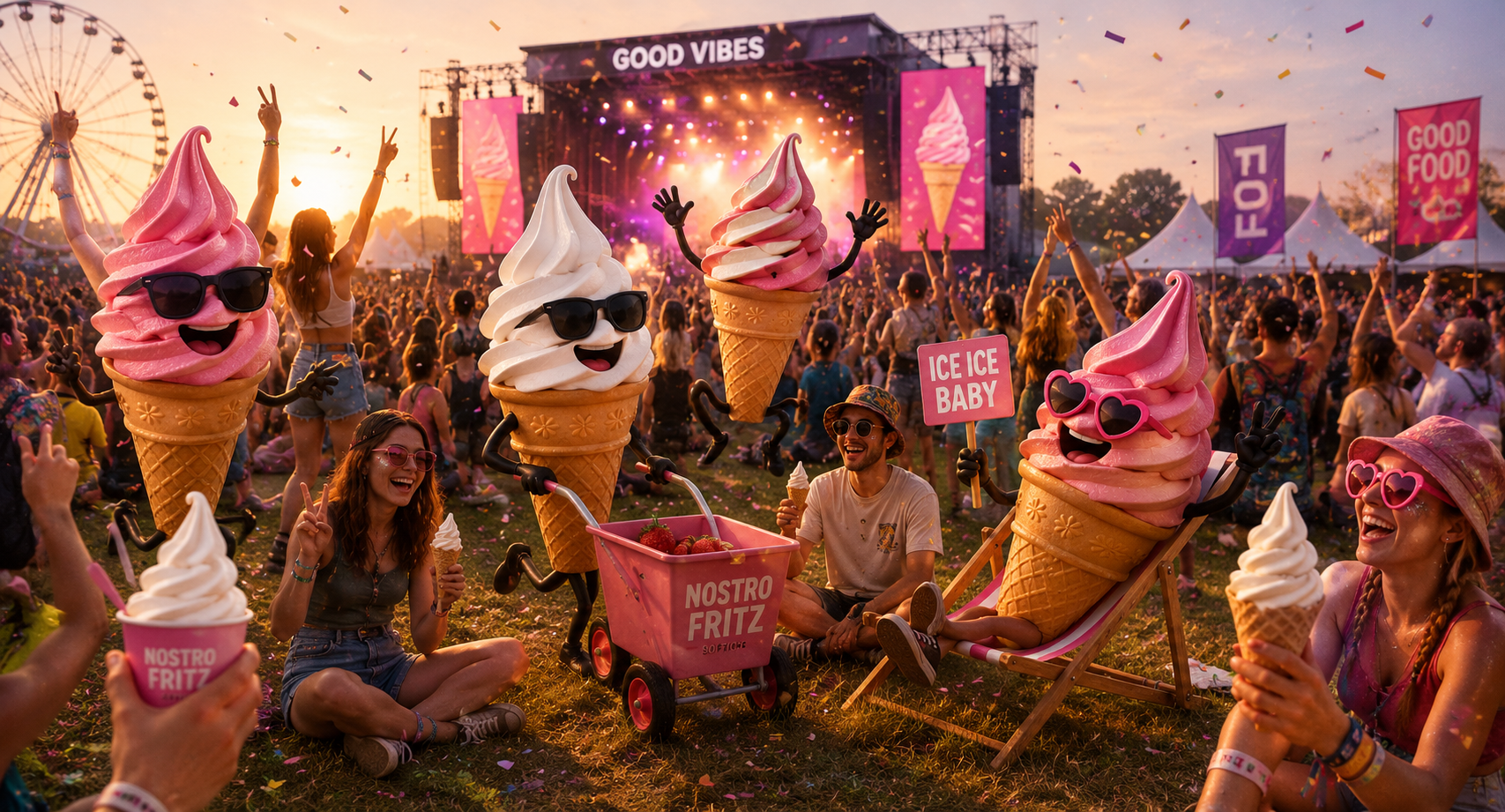 Ueber uns 1 Nostro Fritz Softeis Event Schweiz: Menschen geniessen Eiscreme auf Festival